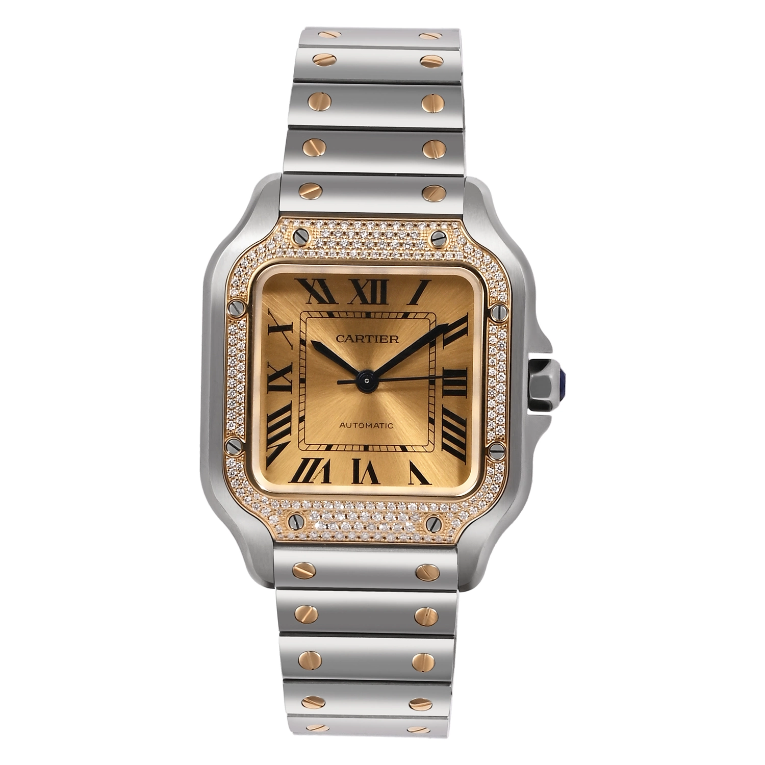 Santos De Cartier Medium Steel and Yellow Gold Golden Sunray Dial with Diamonds on Bezel