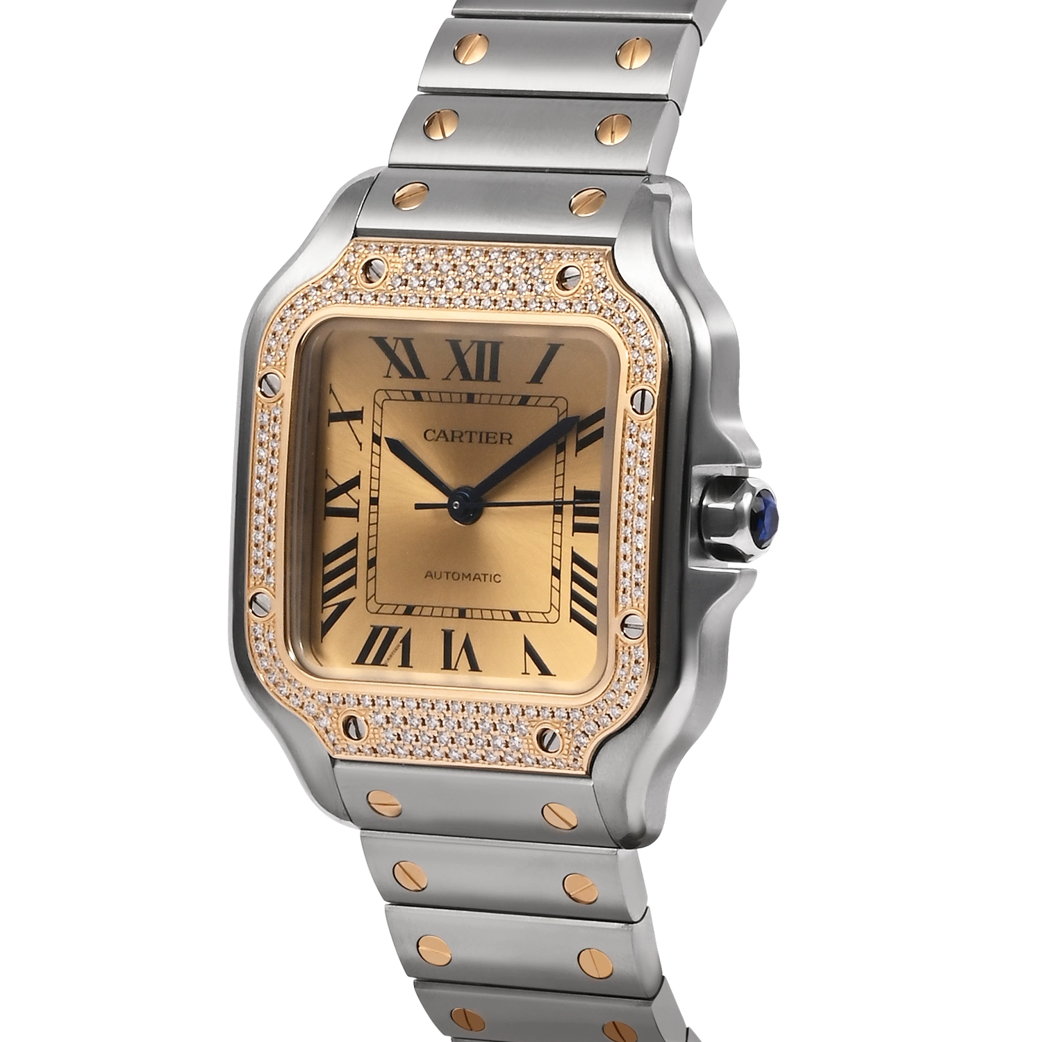 Santos De Cartier Medium Steel and Yellow Gold Golden Sunray Dial with Diamonds on Bezel