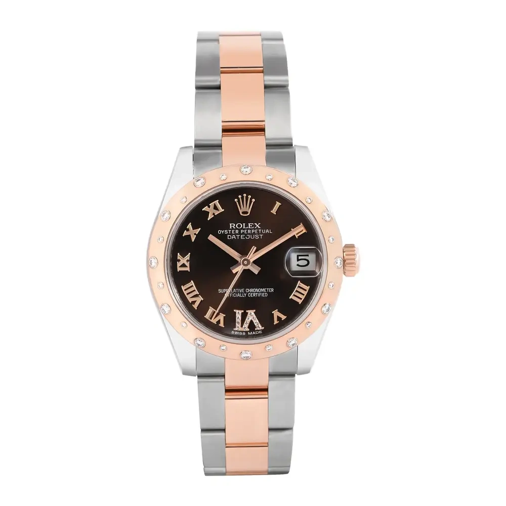 Datejust 31mm Steel Rose Scattered Diamond Bezel Chocolate Dial
