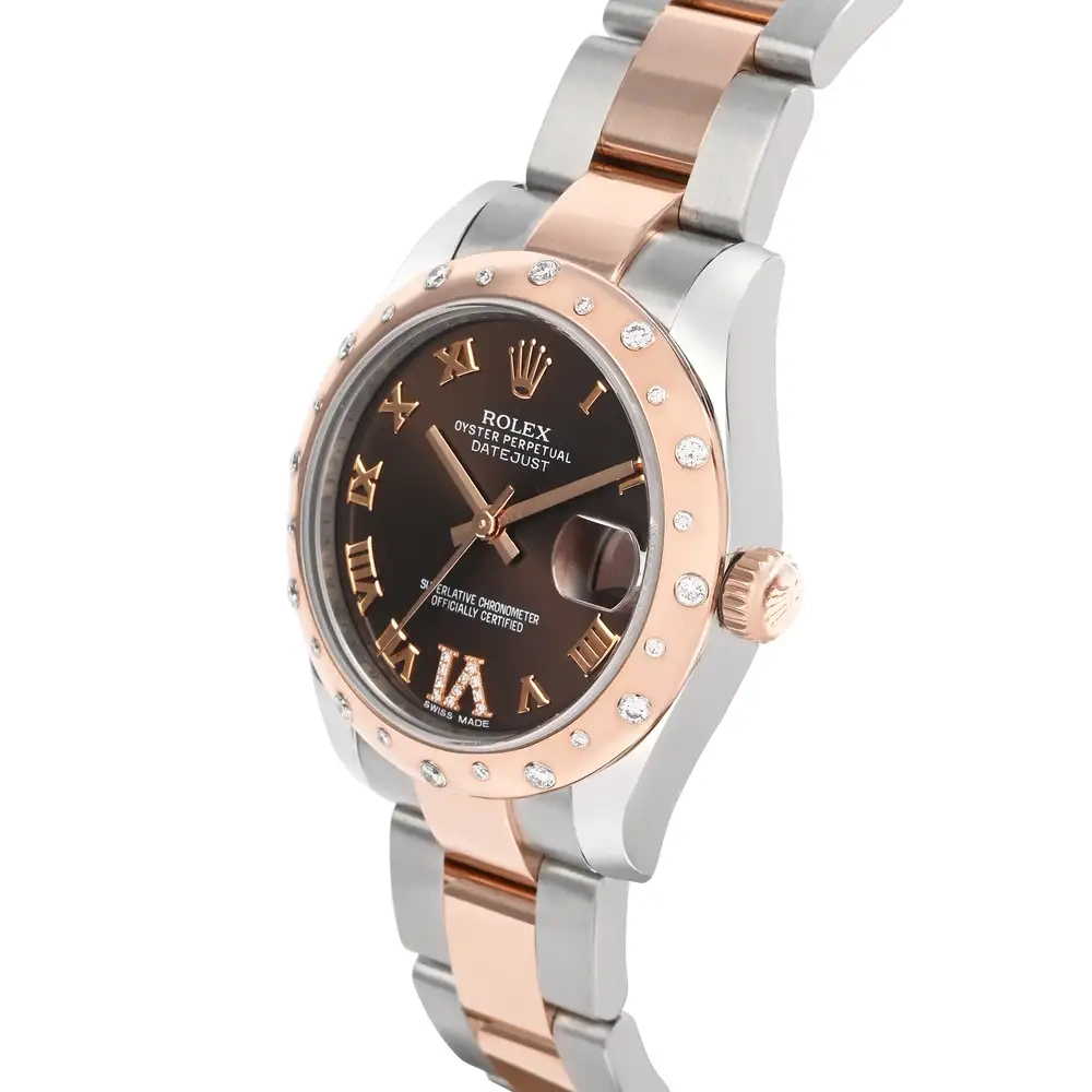 Datejust 31mm Steel Rose Scattered Diamond Bezel Chocolate Dial