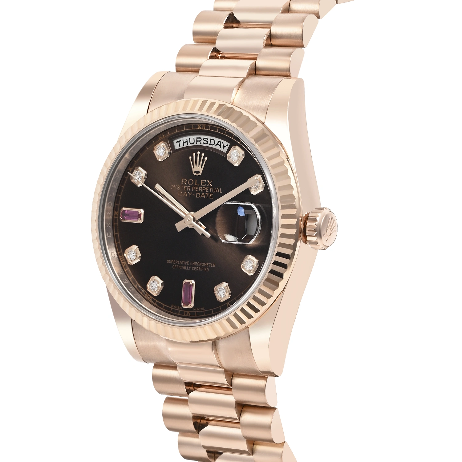 Day-Date 36 Everose Gold Chocolate Dial Diamonds and Baguette-cut Ruby Markers