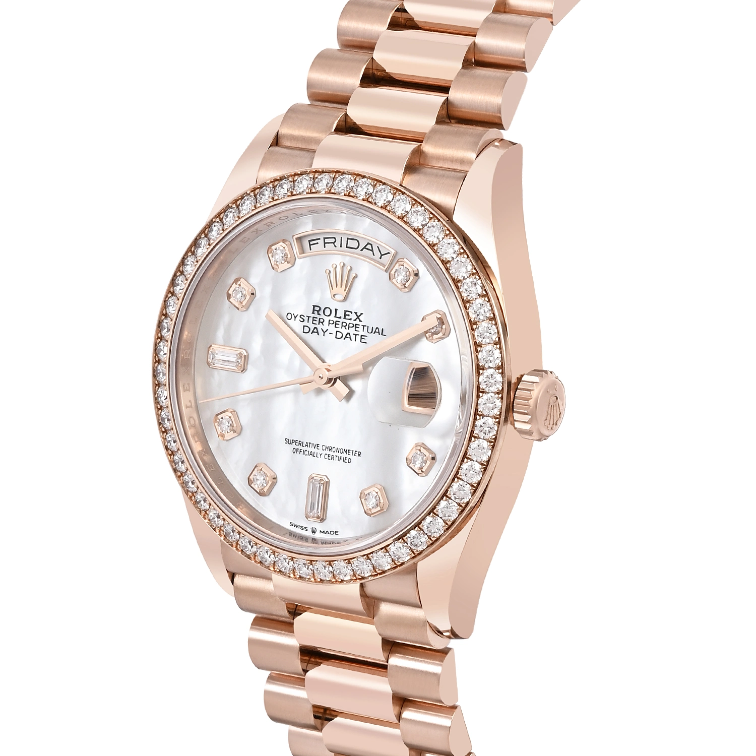 Day-Date 36 Everose Gold Diamond Bezel White Mother-of-Pearl Diamond Dial