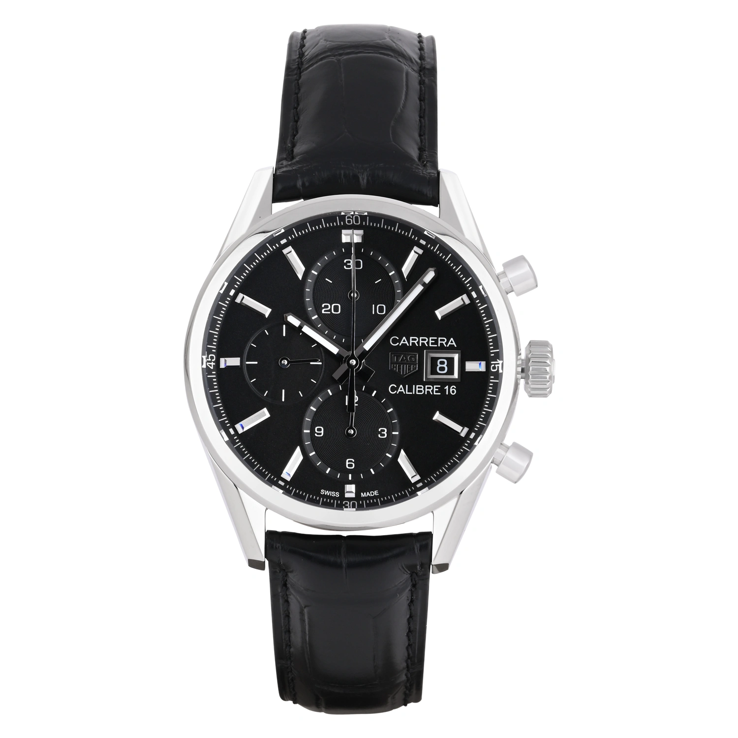 Carrera Calibre 16 Automatic Chronograph Black Dial Leather Strap