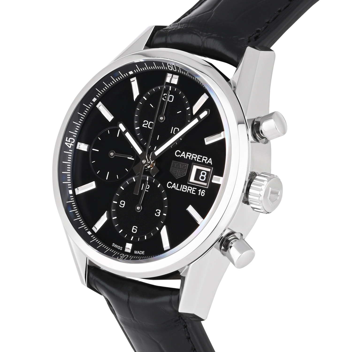 Carrera Calibre 16 Automatic Chronograph Black Dial Leather Strap