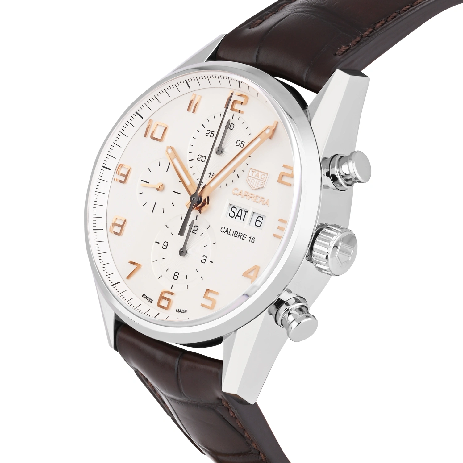 Carrera Calibre 16 Automatic Chronograph Silver Dial Brown Leather Strap (Day-Date)