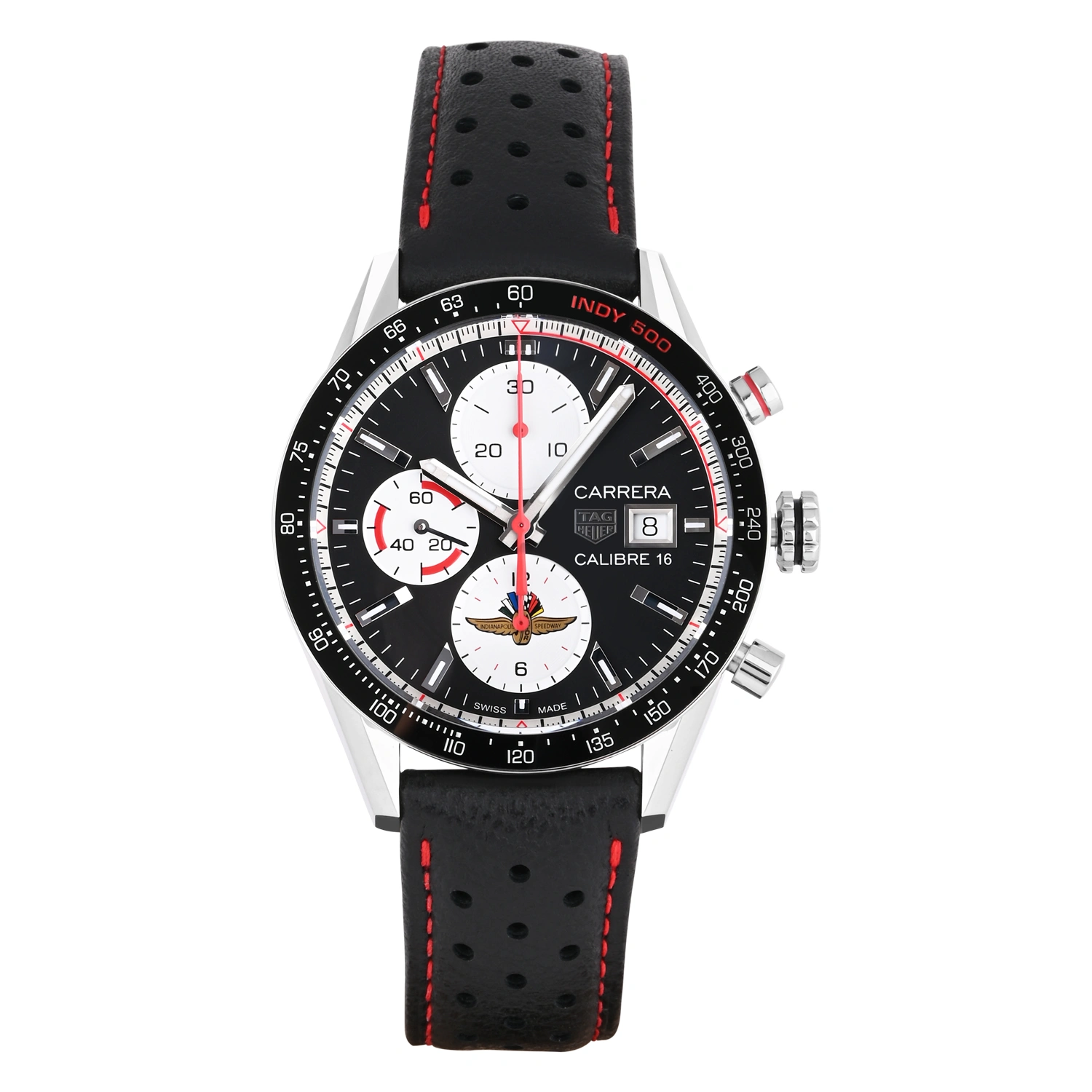 Carrera Calibre 16 Indy 500 Automatic Chronograph Black Dial Leather Strap
