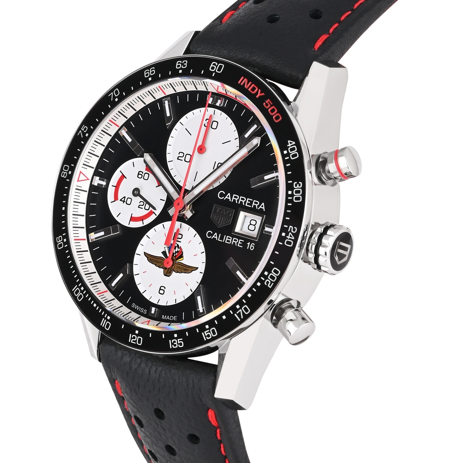 Carrera Calibre 16 Indy 500 Automatic Chronograph Black Dial Leather Strap