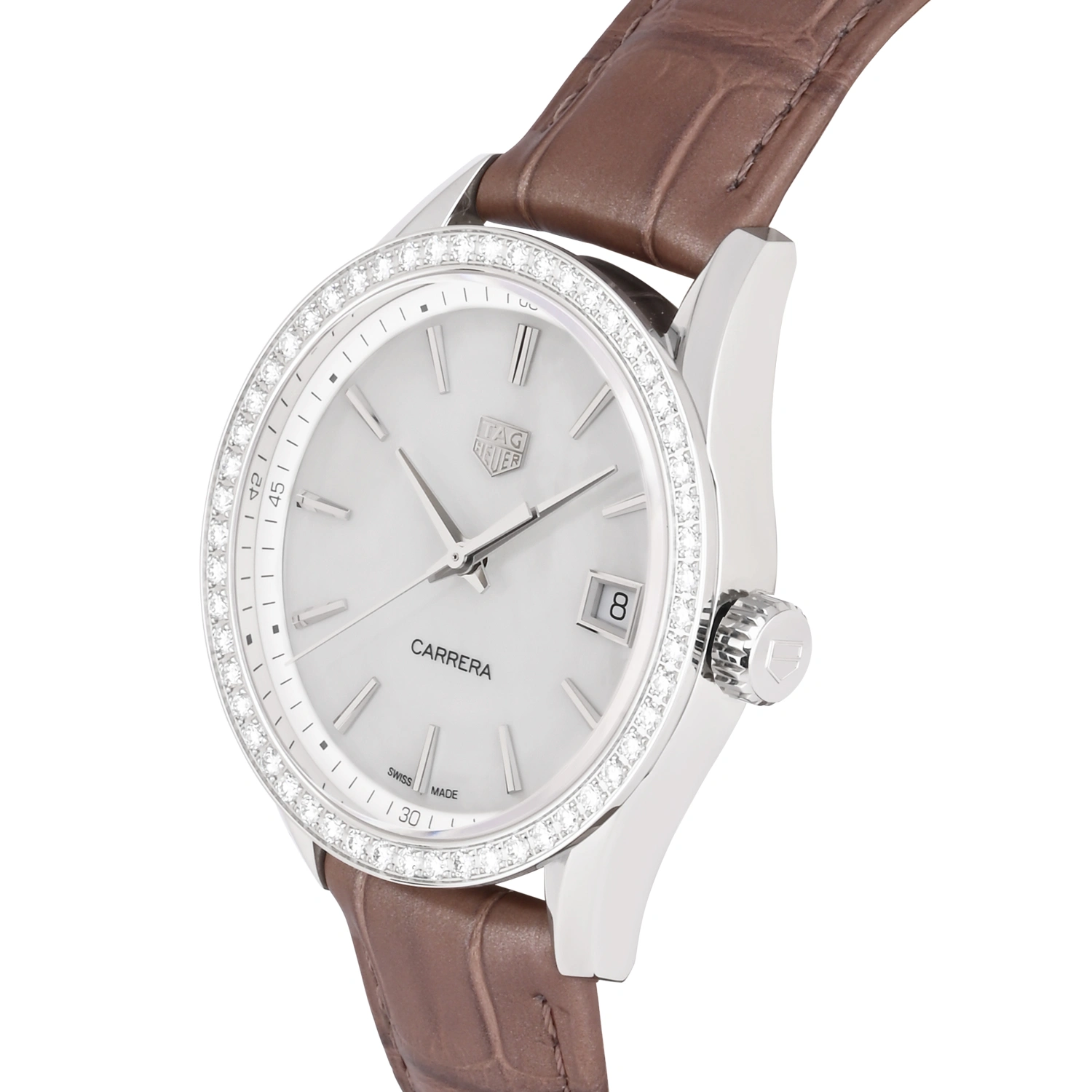 Carrera White Dial Diamond Bezel Brown Leather Strap Women’s Watch