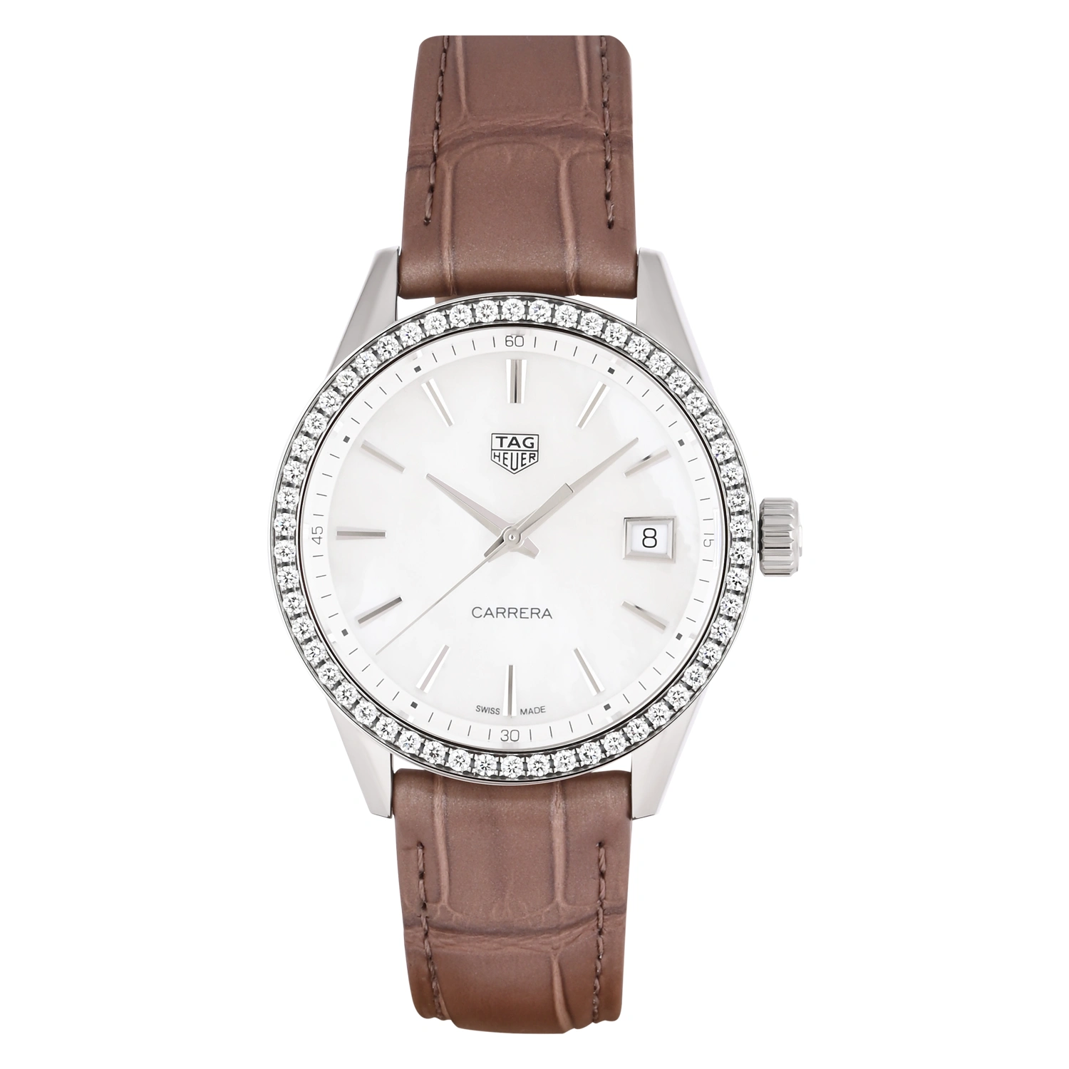 Carrera White Dial Diamond Bezel Brown Leather Strap Women’s Watch
